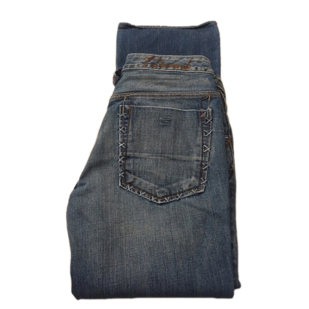 Vintage 7 Diamonds Blue distressed Button Fly Bootcut Jeans Mens Sz 33 x 30(29)